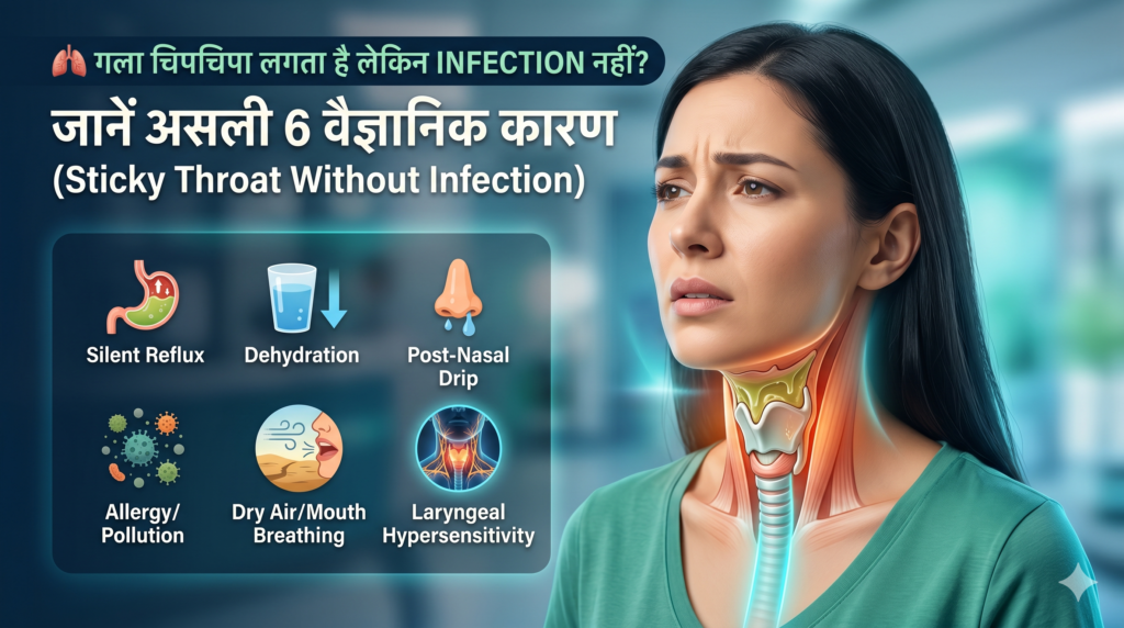 An infographic featured image showing a woman with a discomforting throat sensation and a detailed cross-section of her airway coated in thick, sticky mucus. Six graphic icons represent scientific causes: silent reflux, dehydration, post-nasal drip, allergy, mouth breathing, and hypersensitivity. The Hindi text reads 'गला चिपचिपा लगता है लेकिन INFECTION नहीं? जानें असली 6 वैज्ञानिक कारण'.